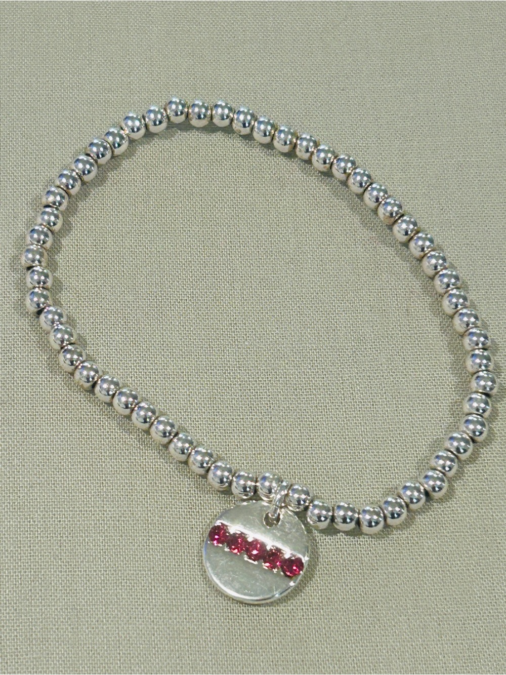 Silver Bead Bracelet with Pink Crystal Disc Charm